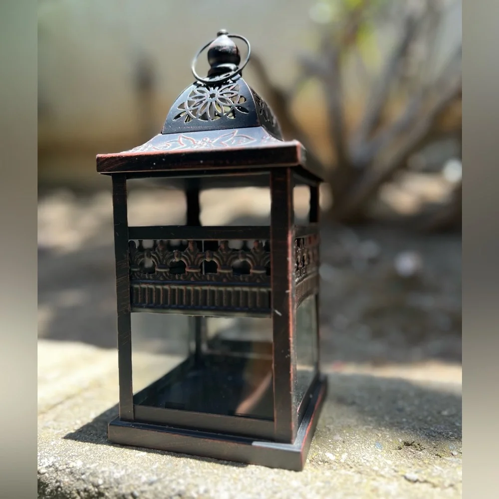 Small Black and Red Metal Lantern Candle Holder